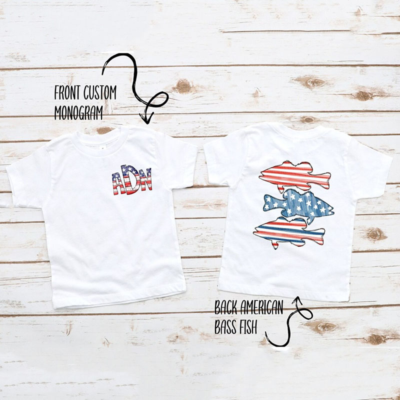 [Youth Shirt / 2-14 Years]4th of July Patriotic Bass Fish Monogram Kid Shirt