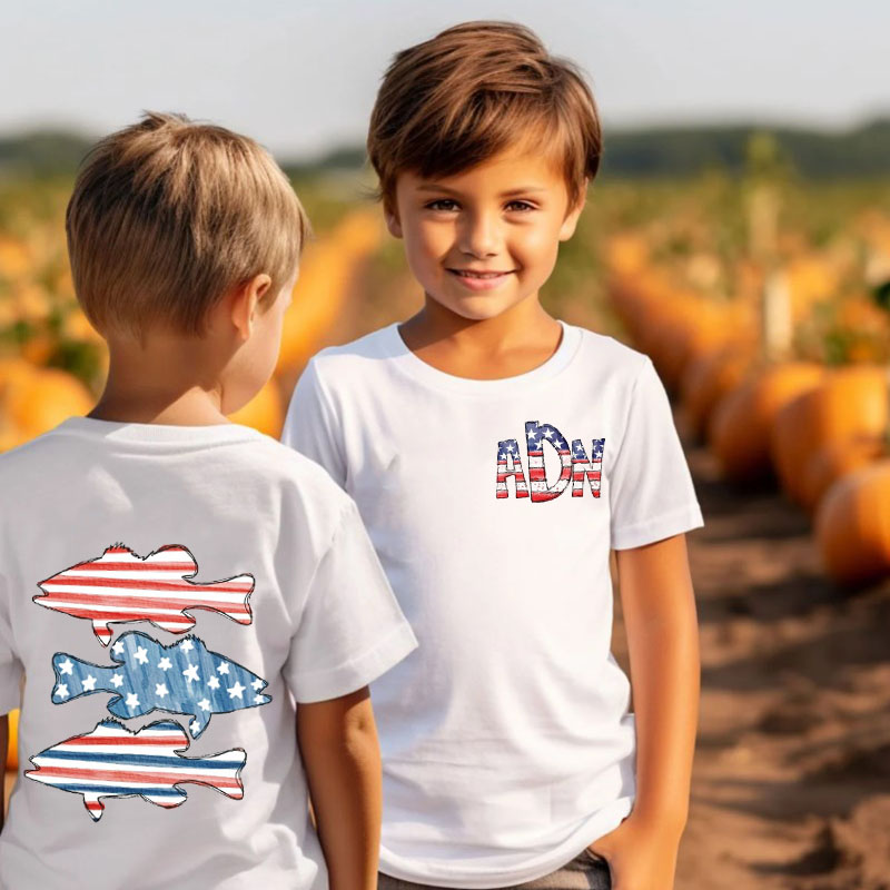 [Youth Shirt / 2-14 Years]4th of July Patriotic Bass Fish Monogram Kid Shirt