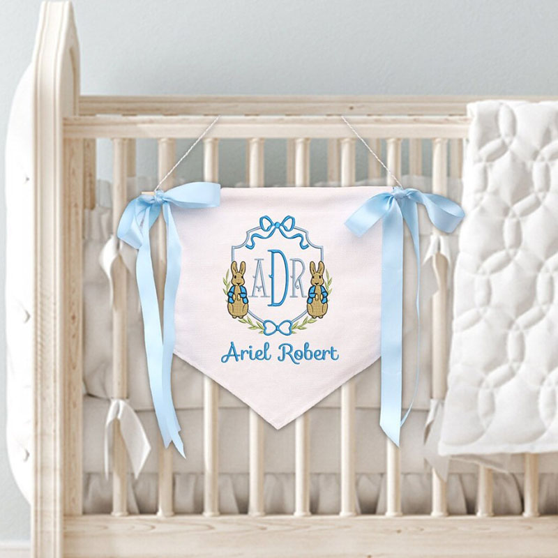 Personalized Baby Banner Flag with Embroidered Rabbit