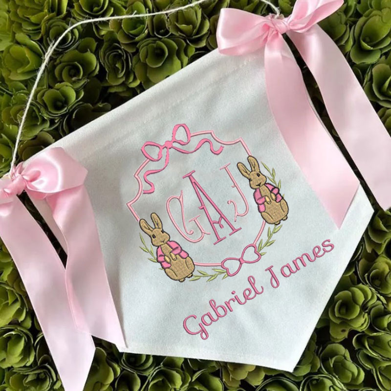 Personalized Baby Banner Flag with Embroidered Rabbit