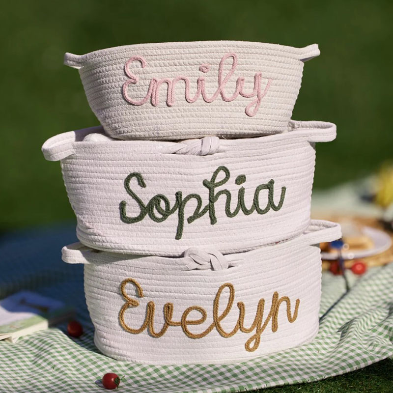 Custom Name Basket with Multi-Colour Knitted Yarn