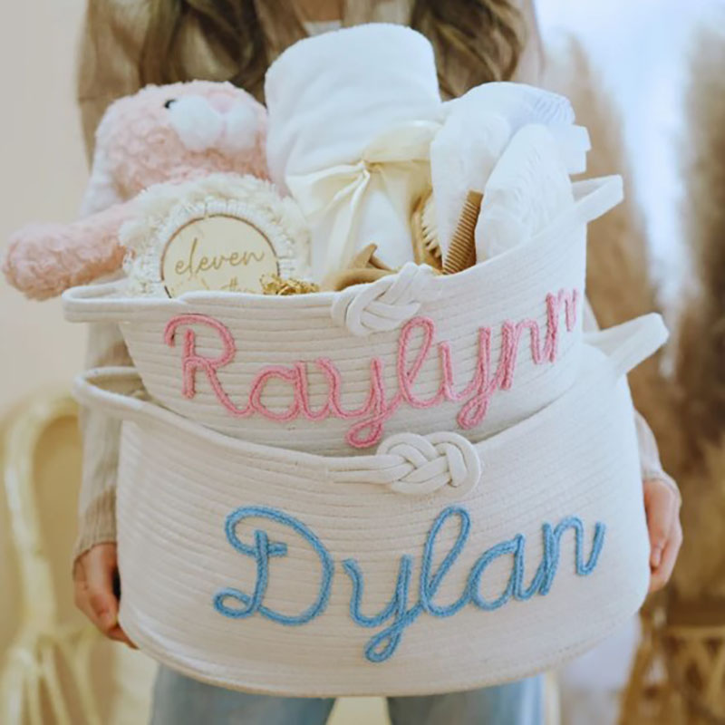 Custom Name Basket with Multi-Colour Knitted Yarn