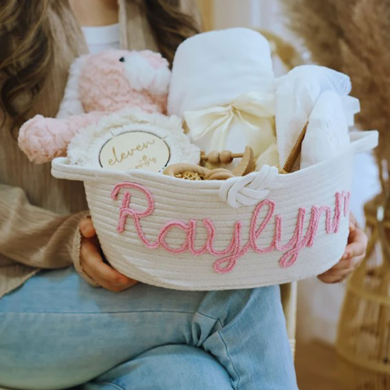 Custom Name Basket with Multi-Colour Knitted Yarn