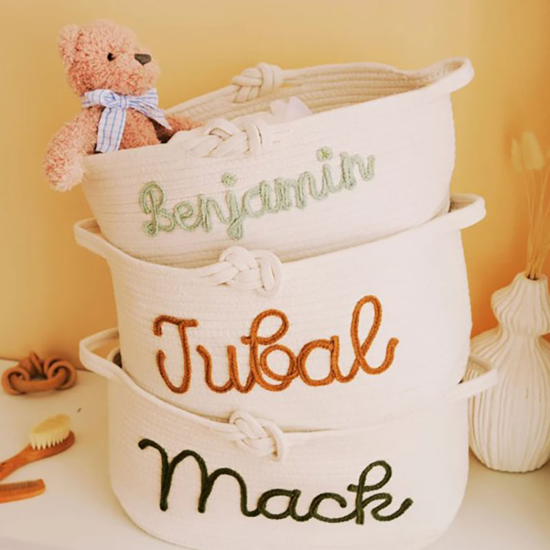 Custom Name Basket with Multi-Colour Knitted Yarn