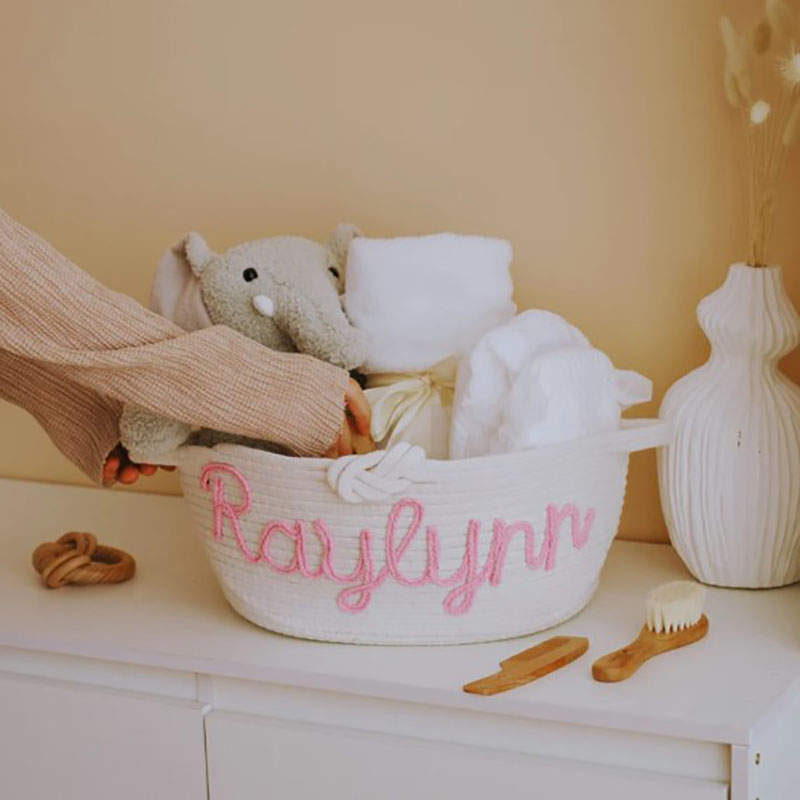 Custom Name Basket with Multi-Colour Knitted Yarn