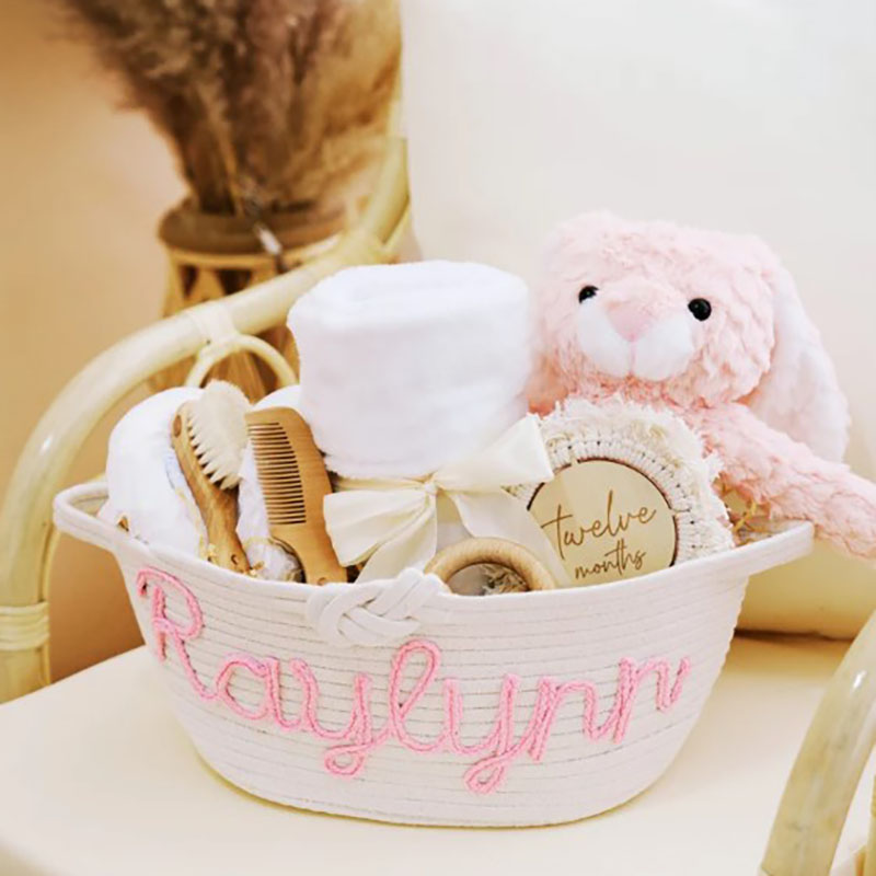 Custom Name Basket with Multi-Colour Knitted Yarn
