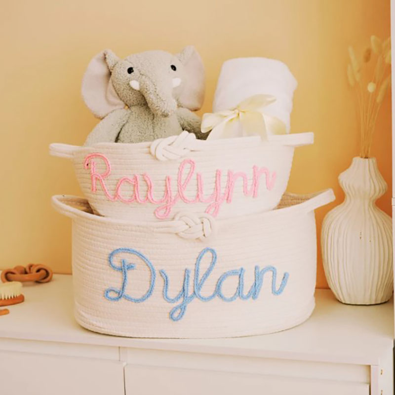 Custom Name Basket with Multi-Colour Knitted Yarn