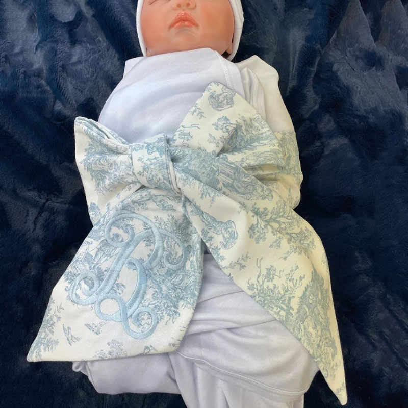 Monogrammed Newborn Baby  Pink Blue Toile Bow Sash