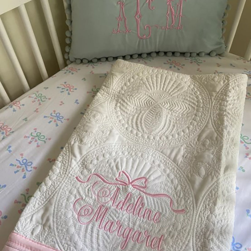 Custom Includes Two Names and Bow Monogrammed Baby Blanket