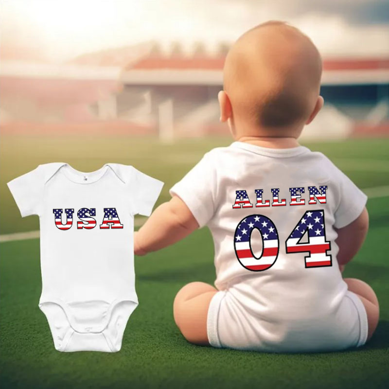 [Baby Bodysuit]Personalized July 4th Style Flag Name & Number Bodysuit