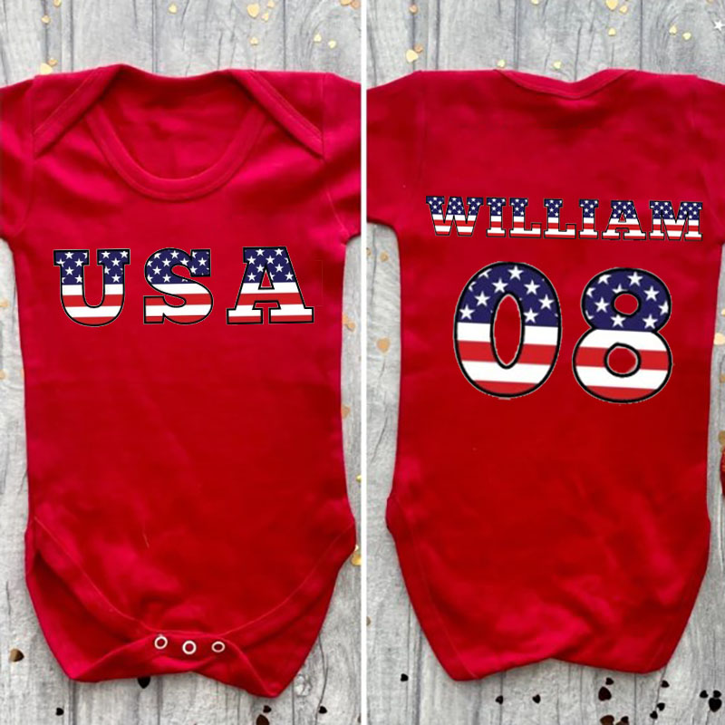 [Baby Bodysuit]Personalized July 4th Style Flag Name & Number Bodysuit