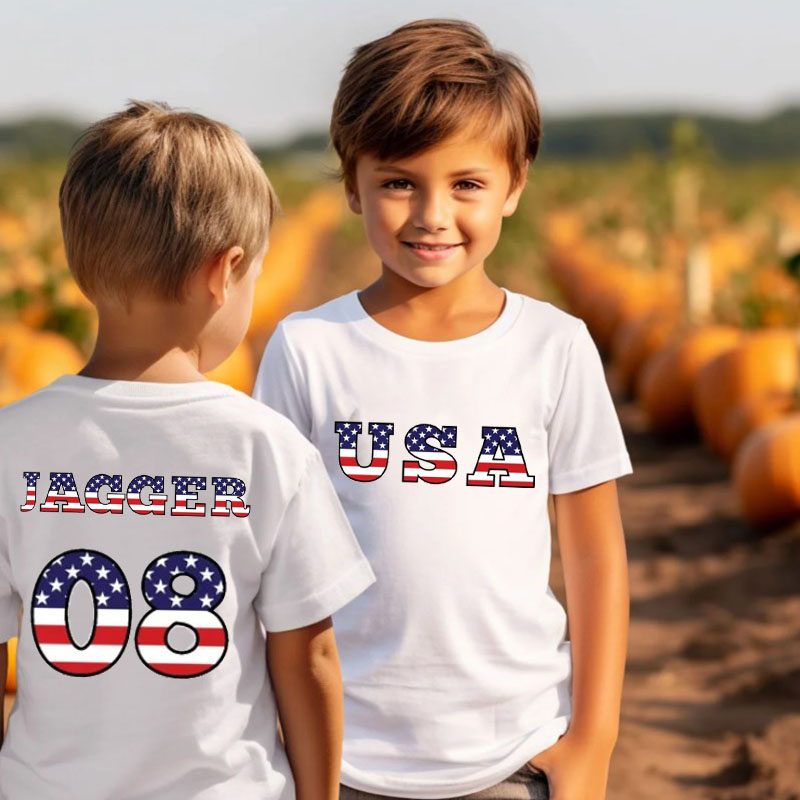 [Youth Shirt / 2-14 Years]Personalized July 4th Flag Name & Number T Shirt