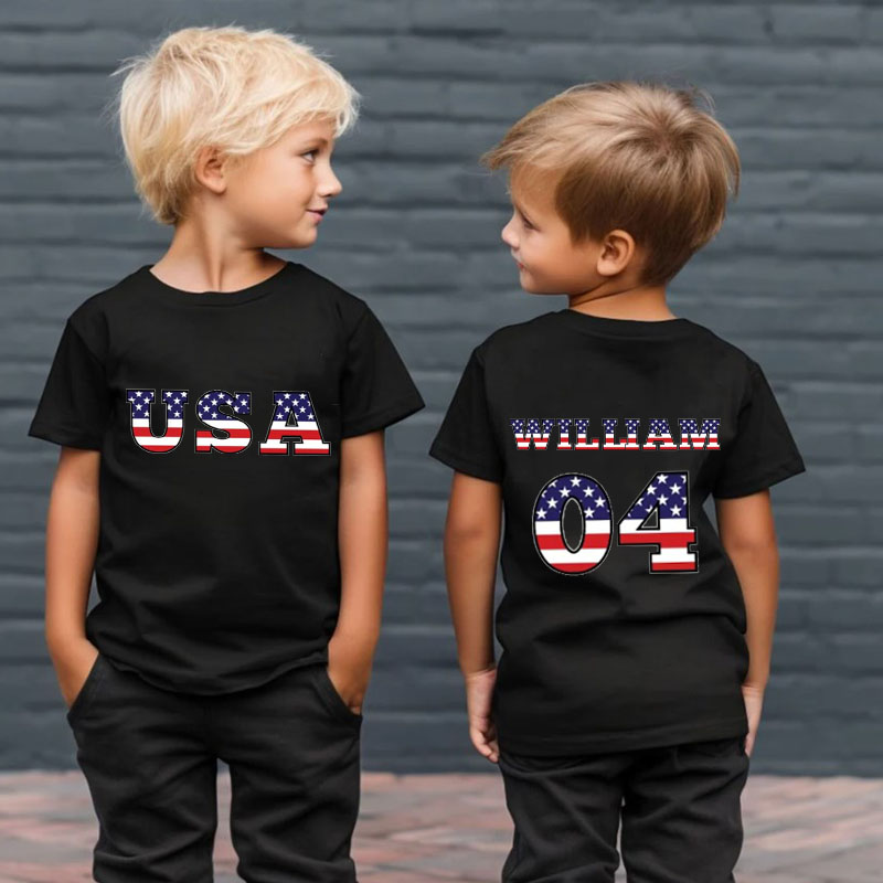 [Youth Shirt / 2-14 Years]Personalized July 4th Flag Name & Number T Shirt
