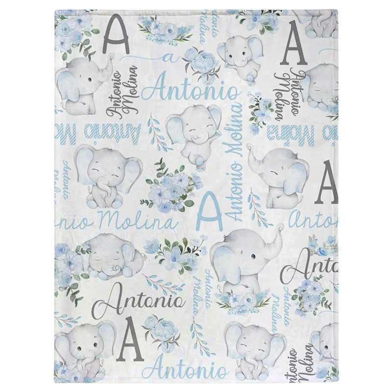 Personalized Floral Cute Elephant Girl Blanket with Name