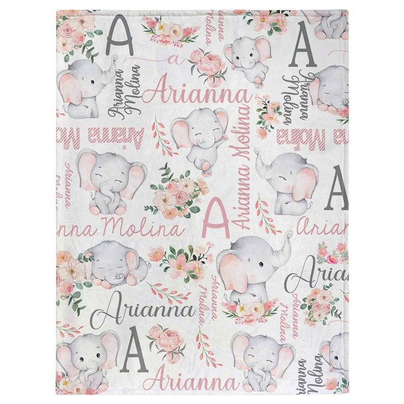 Personalized Floral Cute Elephant Girl Blanket with Name