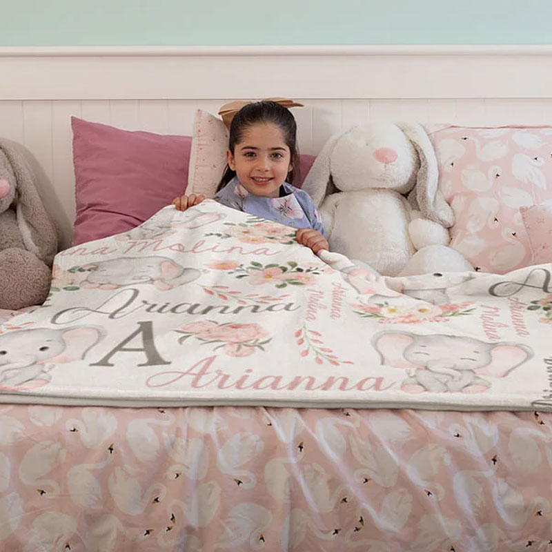 Personalized Floral Cute Elephant Girl Blanket with Name