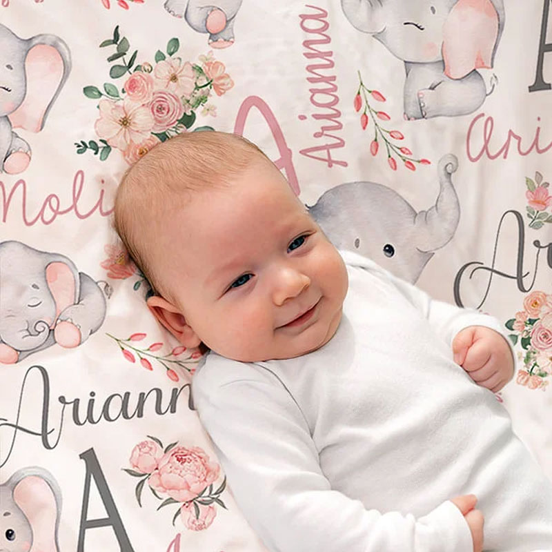 Personalized Floral Cute Elephant Girl Blanket with Name