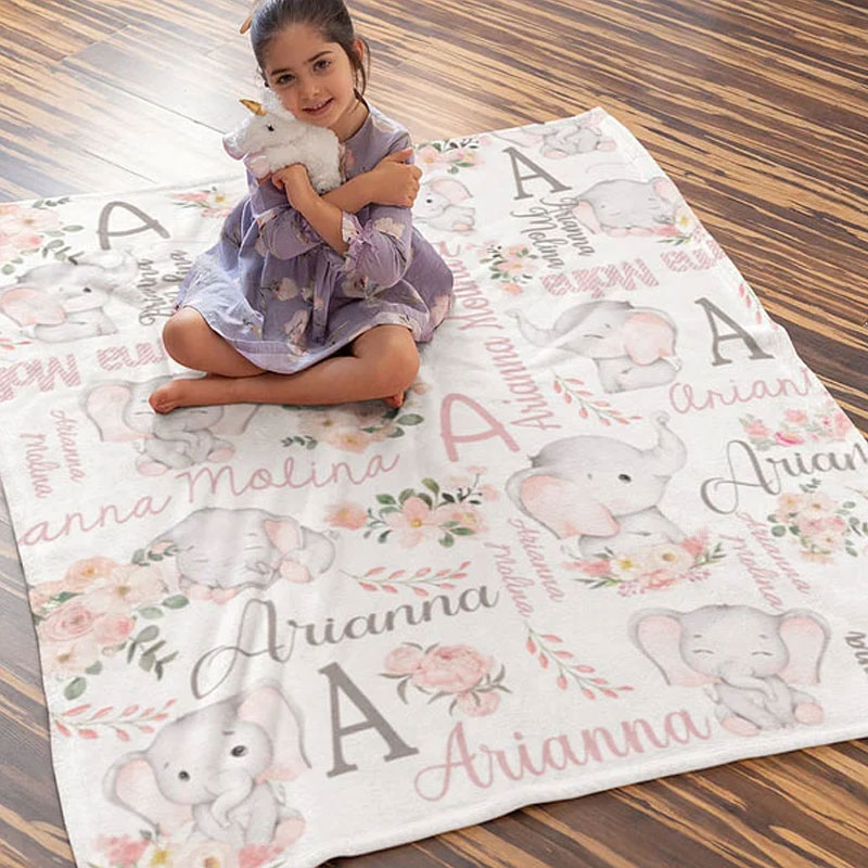 Personalized Floral Cute Elephant Girl Blanket with Name