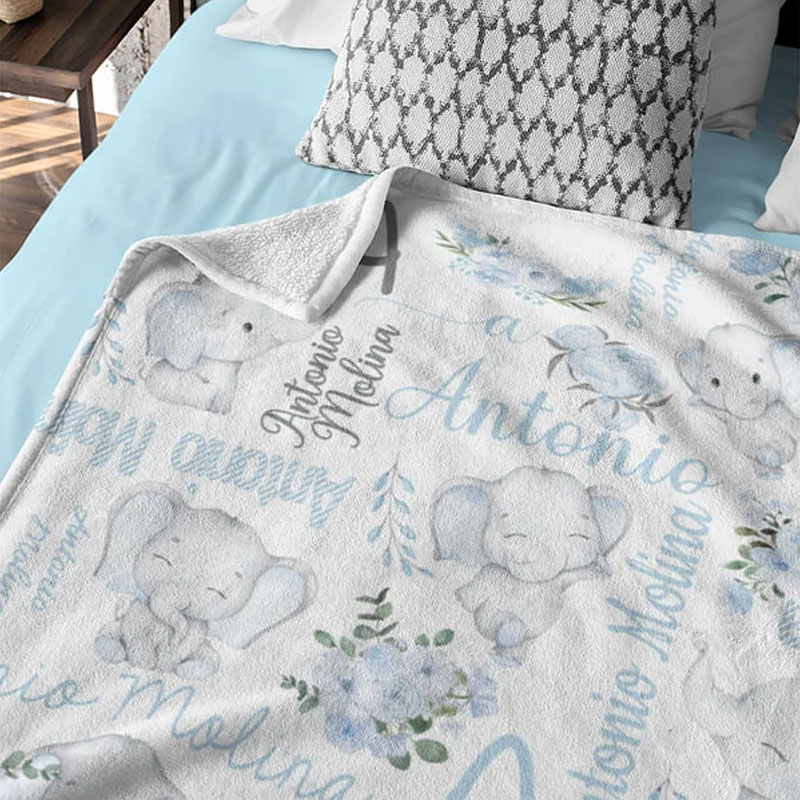 Personalized Floral Cute Elephant Girl Blanket with Name