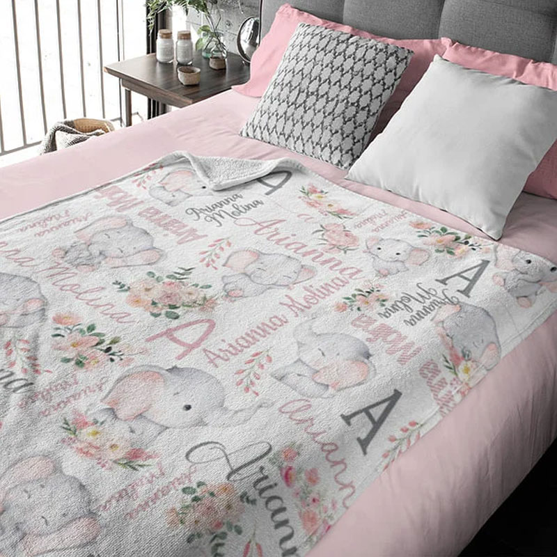 Personalized Floral Cute Elephant Girl Blanket with Name