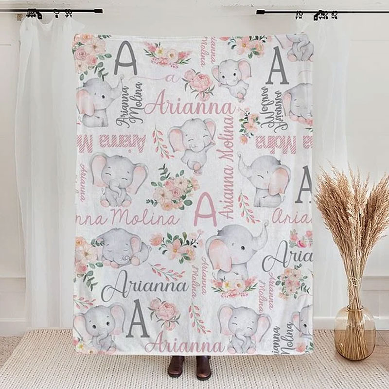 Personalized Floral Cute Elephant Girl Blanket with Name