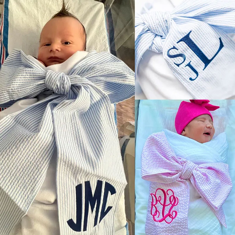 Embroidery Monogram Newborn Seersucker Swaddle Personalized Swaddle  
