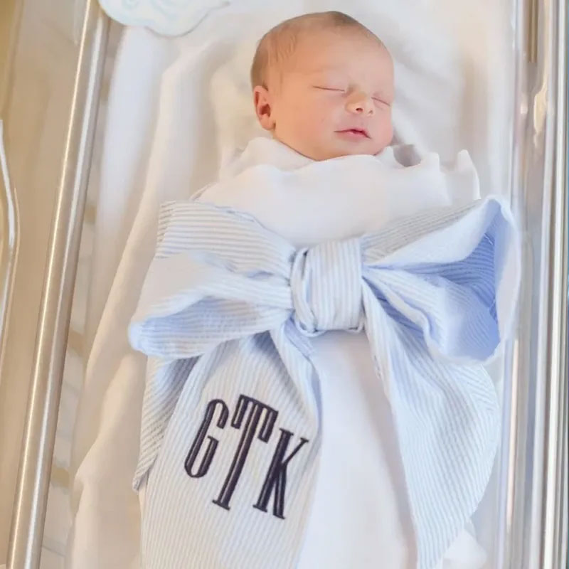 Embroidery Monogram Newborn Seersucker Swaddle Personalized Swaddle  
