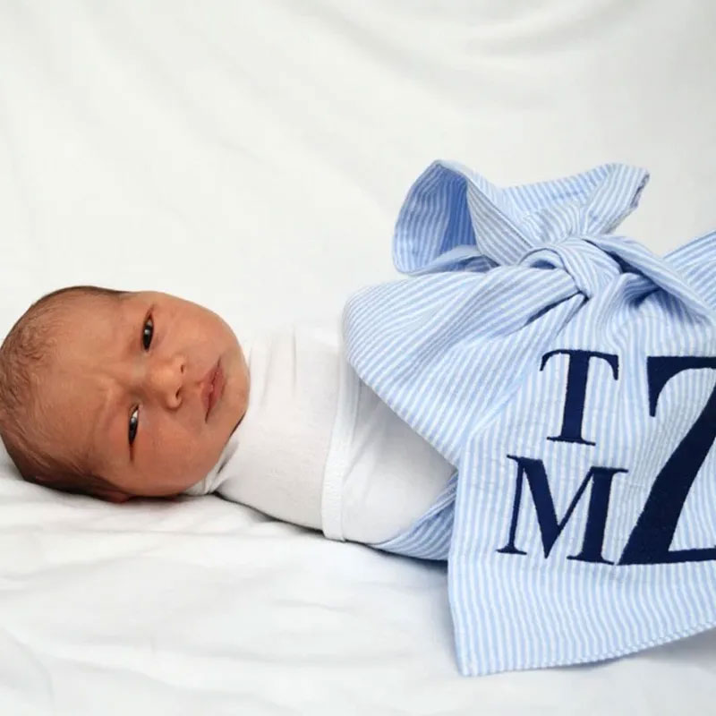 Embroidery Monogram Newborn Seersucker Swaddle Personalized Swaddle  