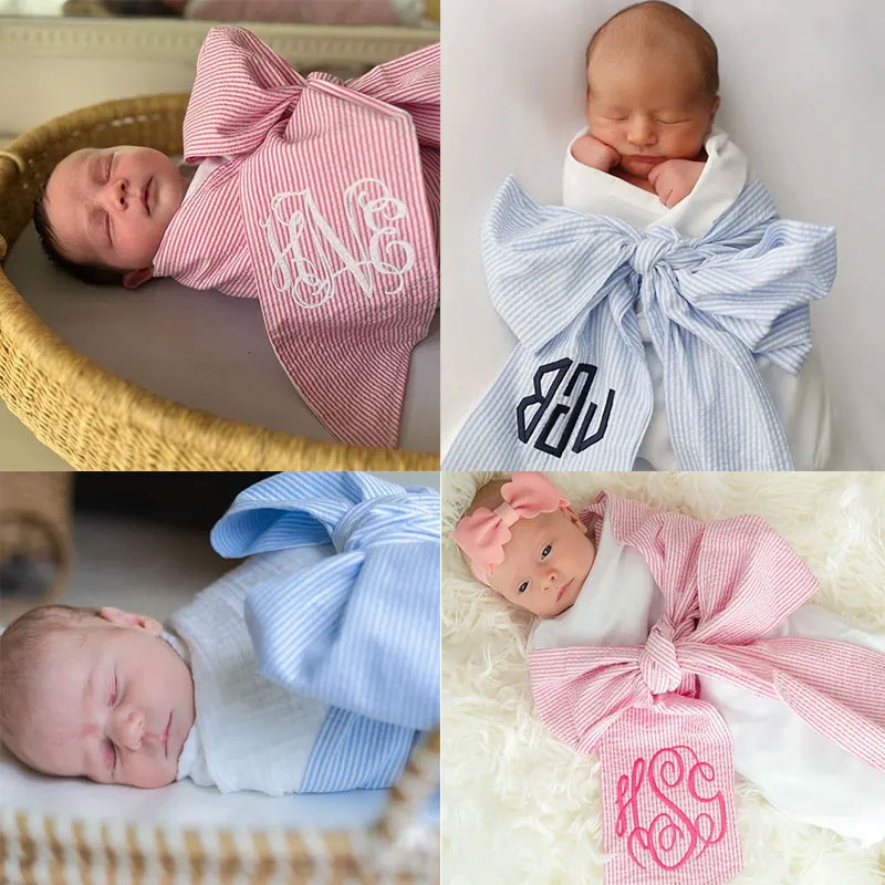 Embroidery Monogram Newborn Seersucker Swaddle Personalized Swaddle  