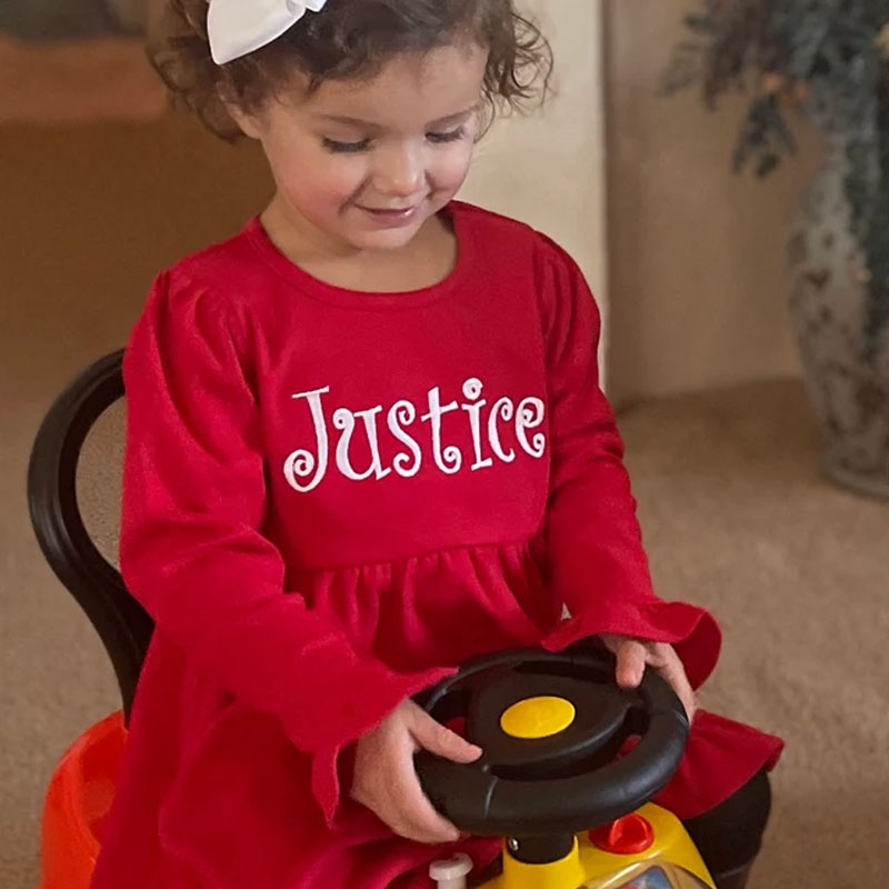 Girls Monogram Christmas Red Long Sleeve Dress