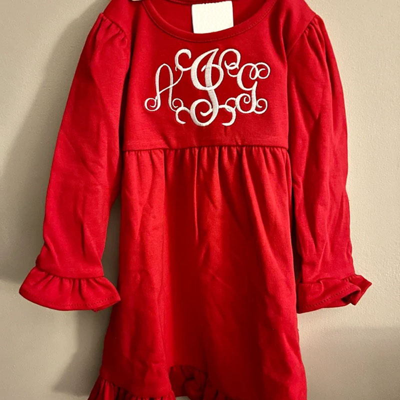 Girls Monogram Christmas Red Long Sleeve Dress