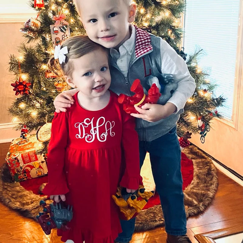 Girls Monogram Christmas Red Long Sleeve Dress