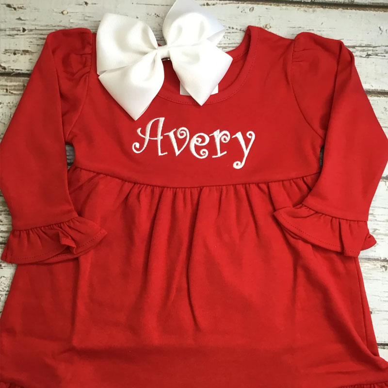 Girls Monogram Christmas Red Long Sleeve Dress