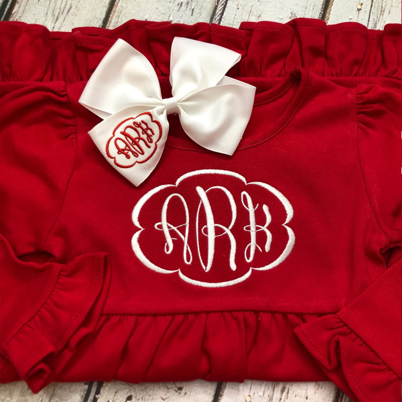 Girls Monogram Christmas Red Long Sleeve Dress