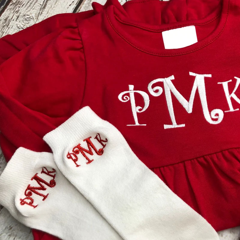 Girls Monogram Christmas Red Long Sleeve Dress