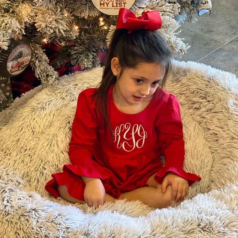 Girls Monogram Christmas Red Long Sleeve Dress