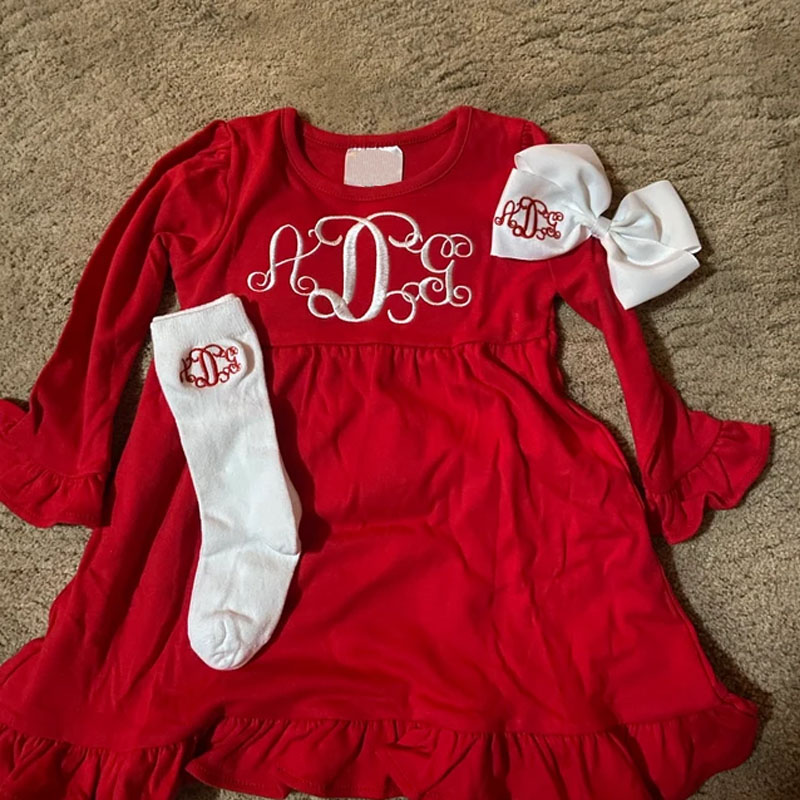 Girls Monogram Christmas Red Long Sleeve Dress