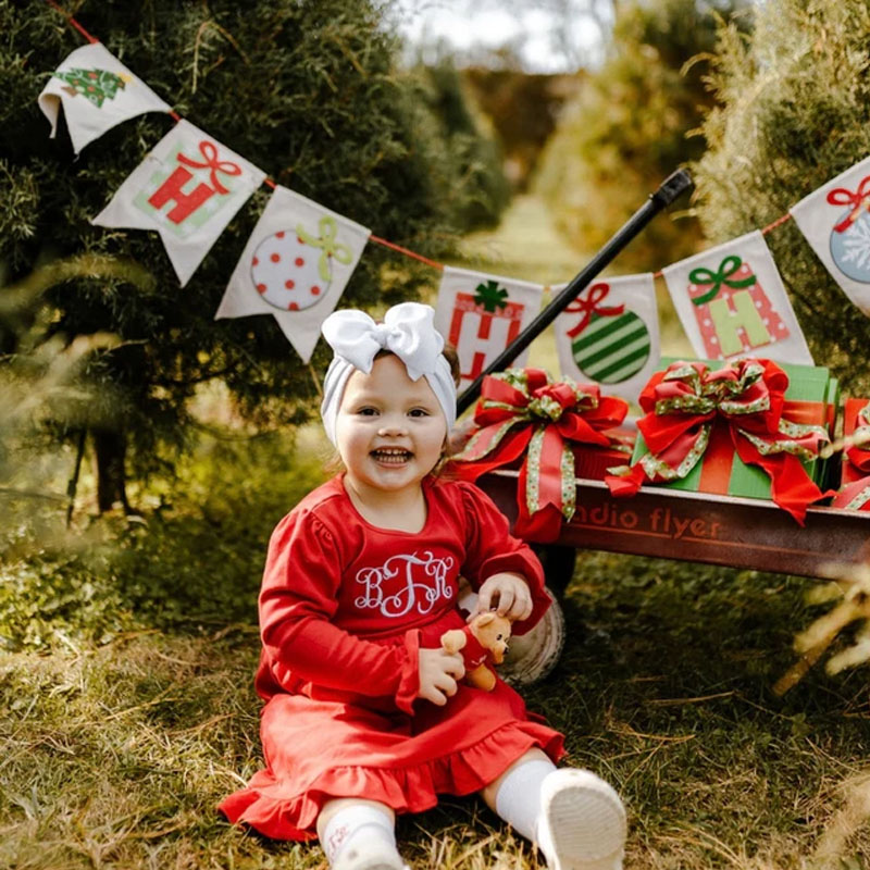 Girls Monogram Christmas Red Long Sleeve Dress