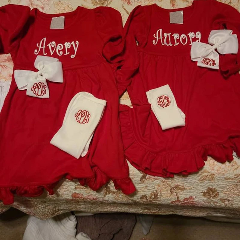 Girls Monogram Christmas Red Long Sleeve Dress