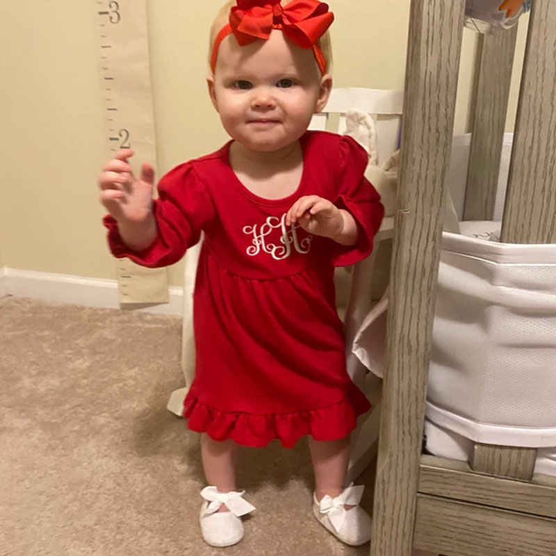 Girls Monogram Christmas Red Long Sleeve Dress