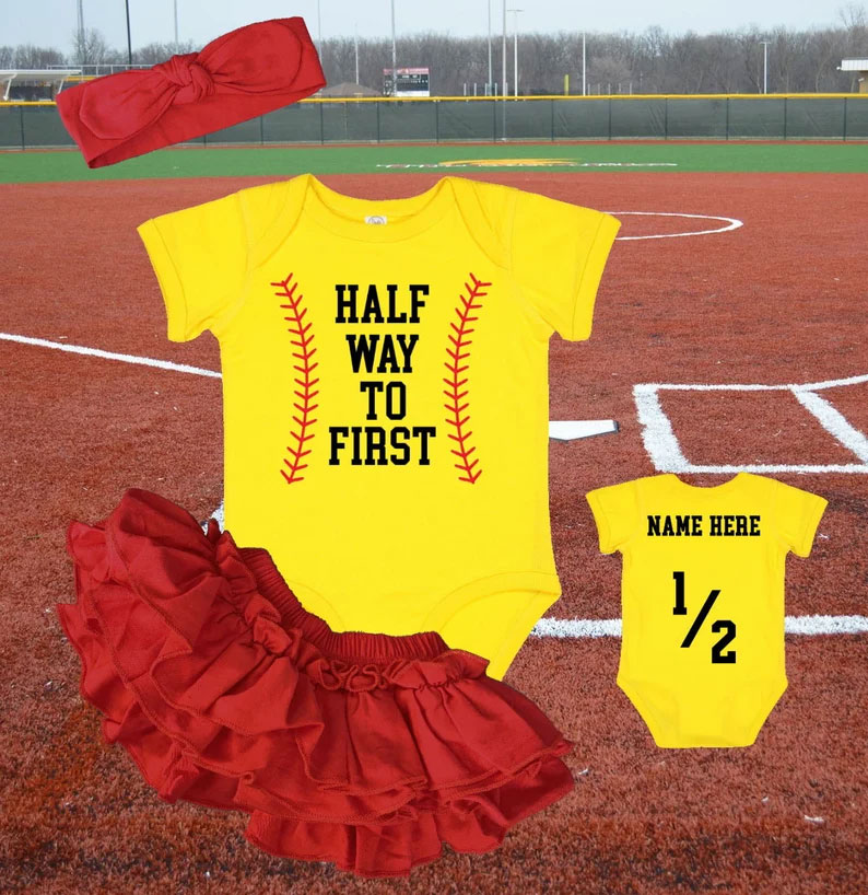 Half Way To First Softball Birthday Bodysuit Girls Outfit