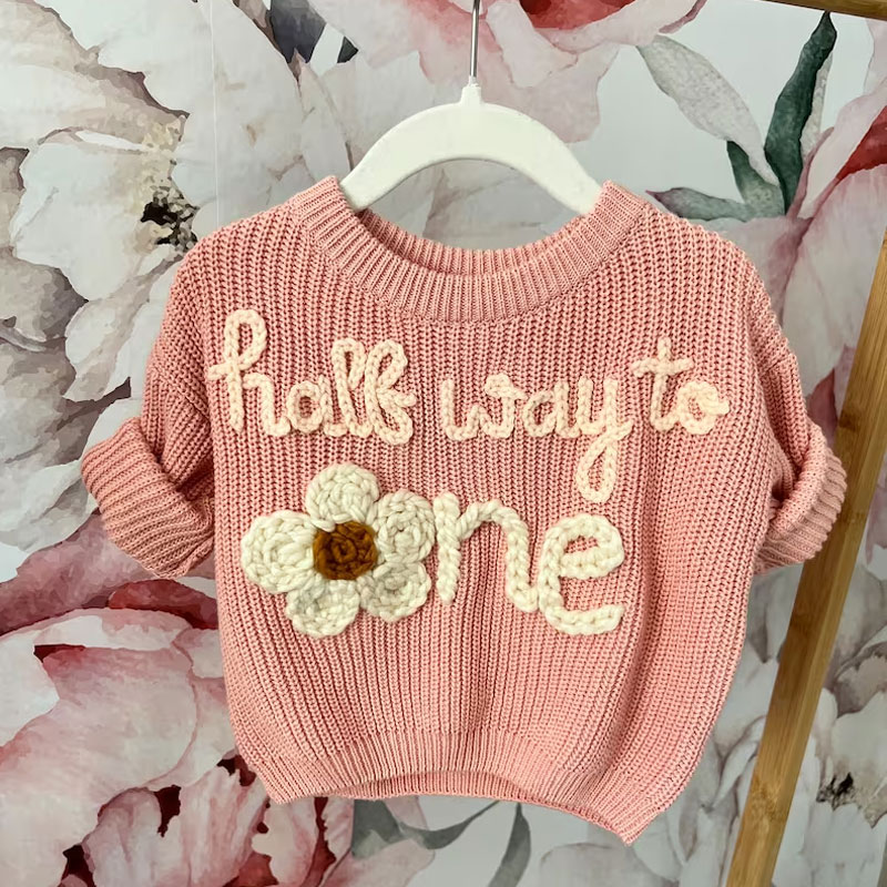 Half Way To One Baby Hand Embroidered Knit Sweater