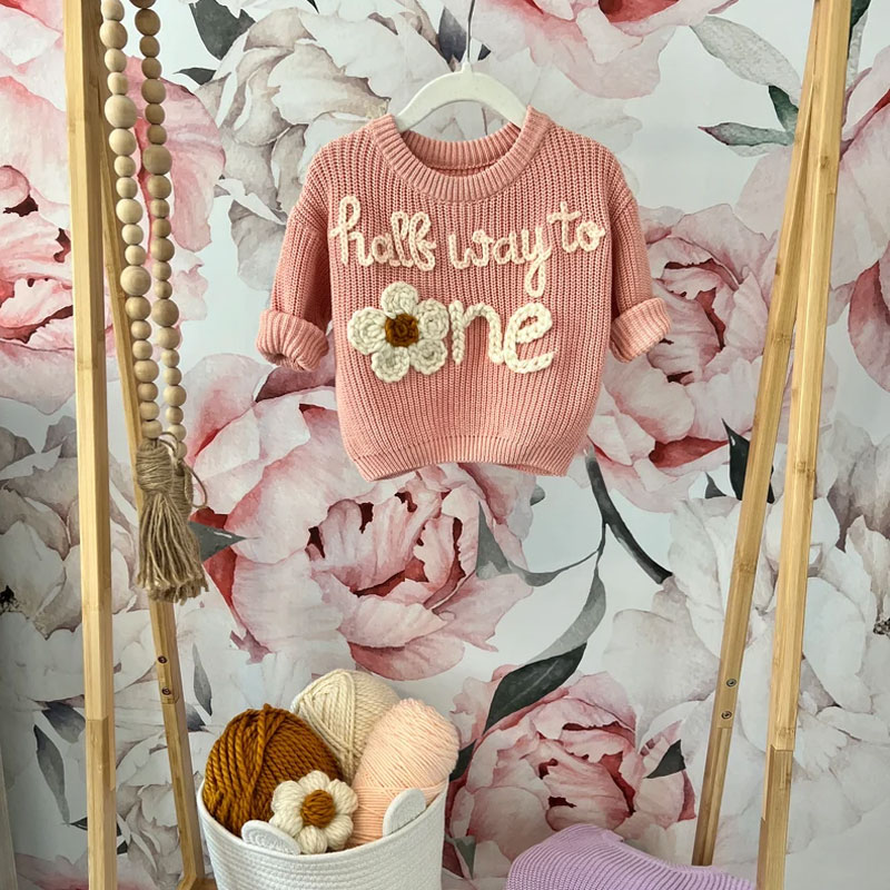 Half Way To One Baby Hand Embroidered Knit Sweater