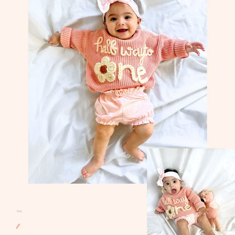 Half Way To One Baby Hand Embroidered Knit Sweater
