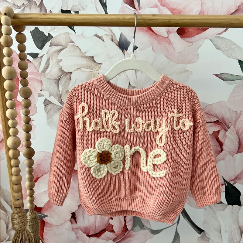 Half Way To One Baby Hand Embroidered Knit Sweater