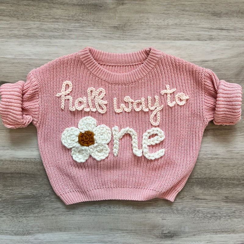 Half Way To One Baby Hand Embroidered Knit Sweater