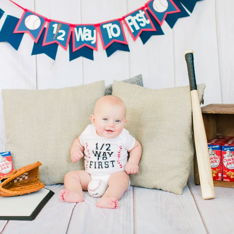 Half birthday baseball 6 months birthday Bodysuit