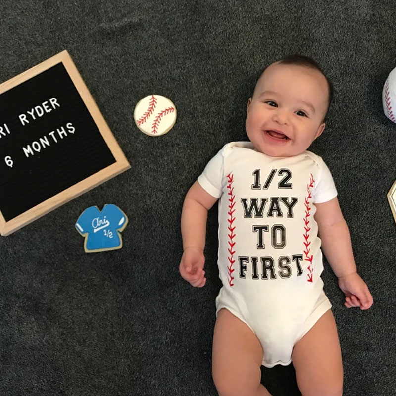 Half birthday baseball 6 months birthday Bodysuit