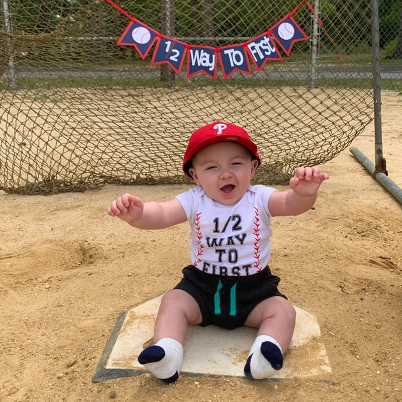 Half birthday baseball 6 months birthday Bodysuit