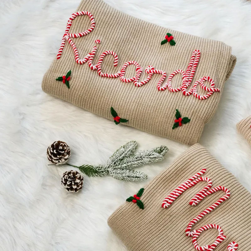 Hand Embroidered Christmas Sweater with Baby Name